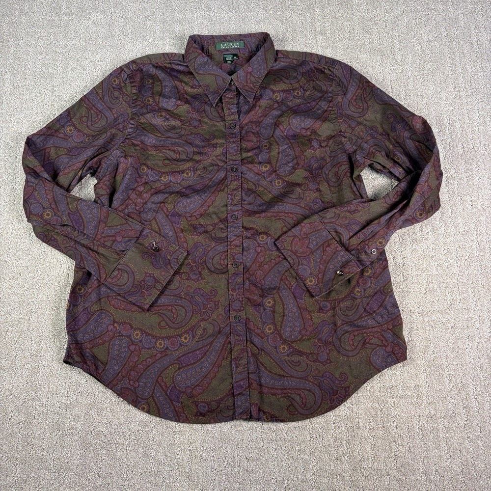 Lauren Ralph Lauren Purple Paisley Shirt XL Cotton Boho Academia Cottagecore Vtg